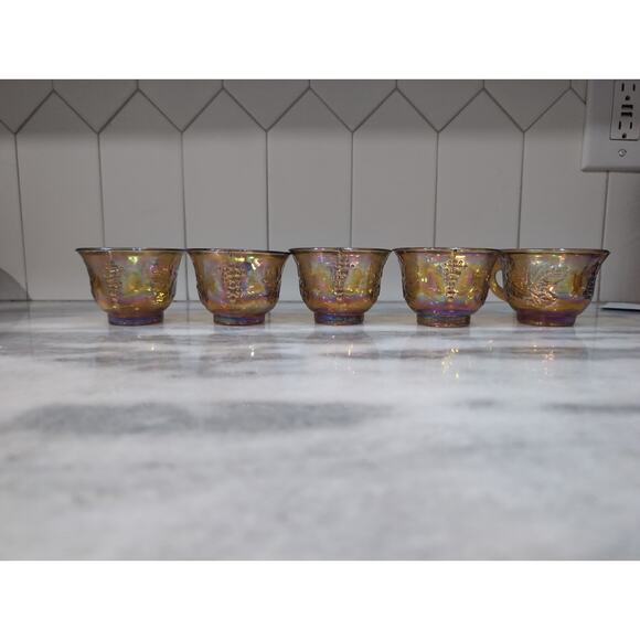 Harvest Grape Carnival Glass Punch Cups, Set of 9 Vintage Indiana Marigold Cups - Picture 2 of 11